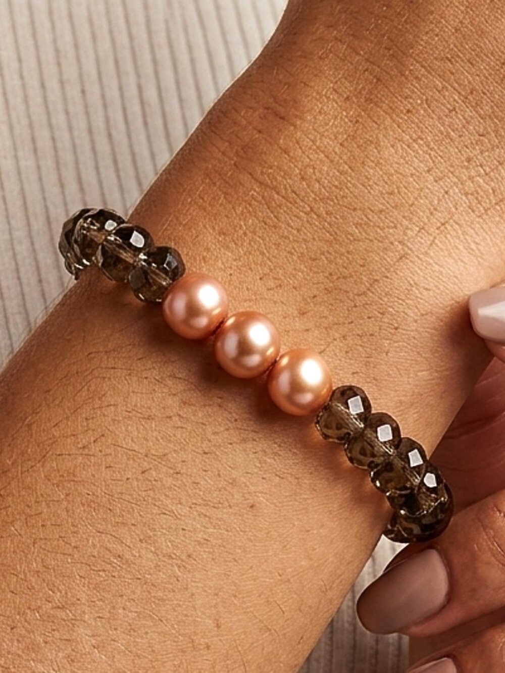 Smoky Quartz Bracelet w/Gold Pearls, Dainty Genuine Gemstone Stretch Bracelet